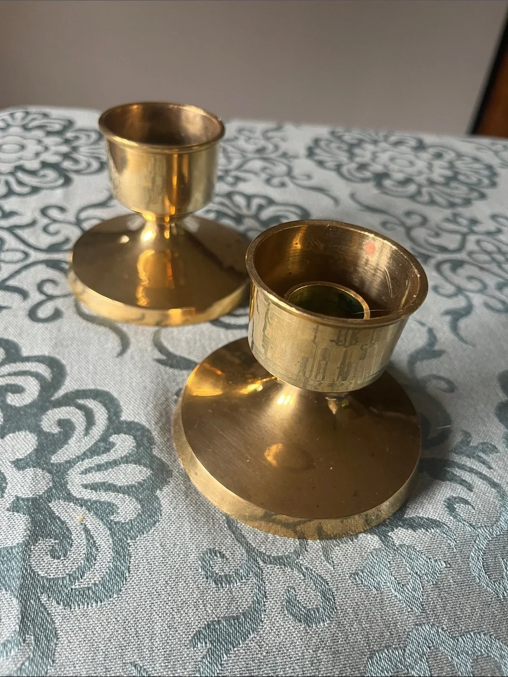 Solid Brass Candle Holders with Blue Taper Candles -Set of 2